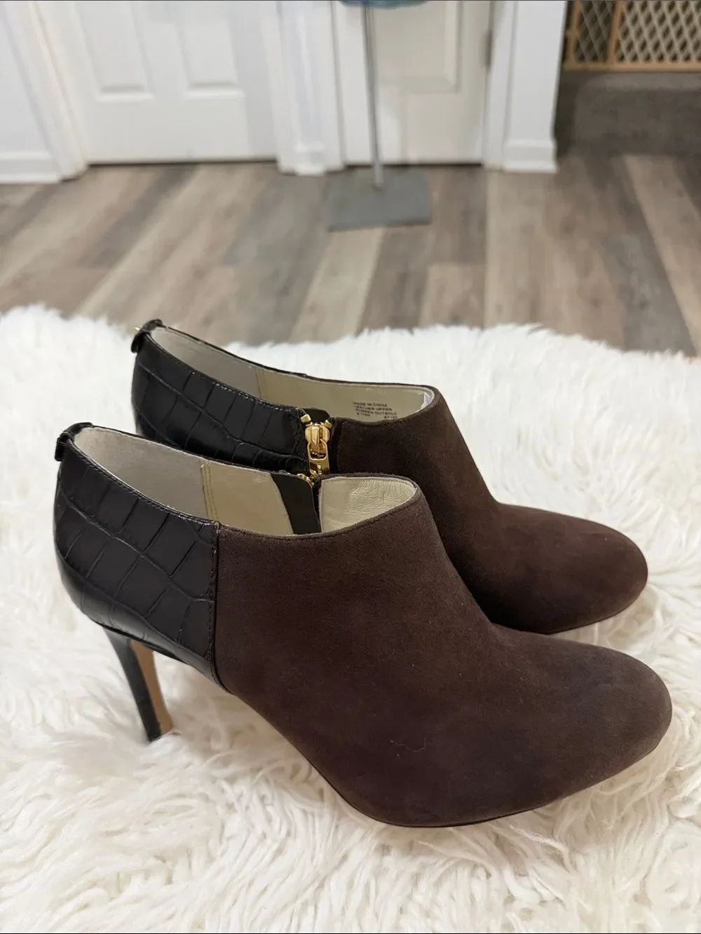 Michael Kors Dark Brown Suede & Croc-Embossed Ankle Booties